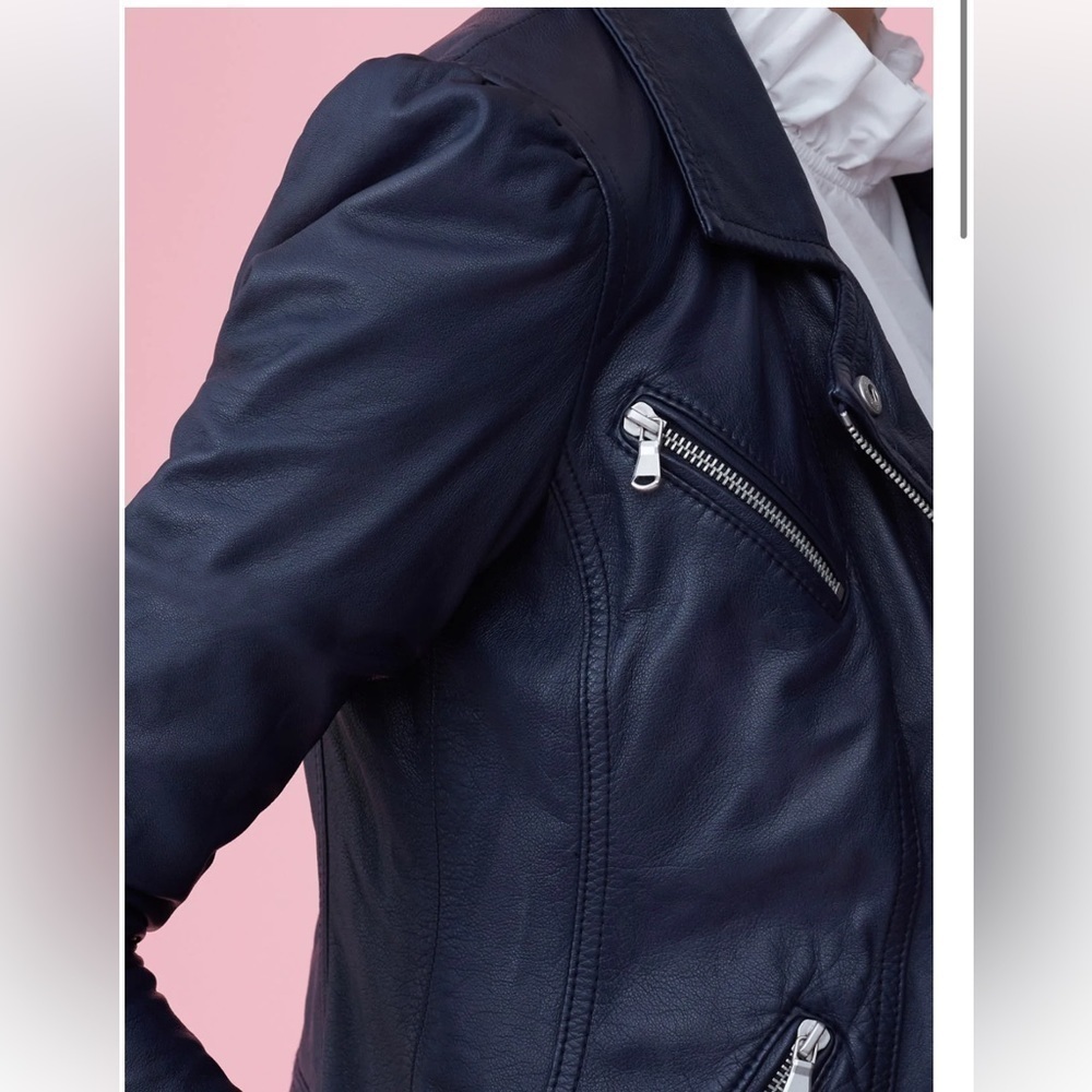 NWT Rebecca Taylor Leather Biker Jacket NAVY - Picture 5 of 11